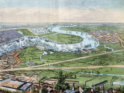 Druck; kolorierter Stich - Panorama von London und der Themse von Illustrated London News